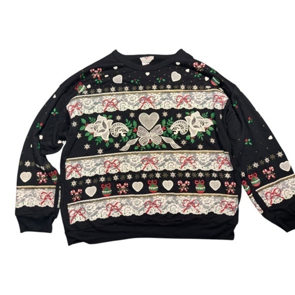 Vintage Nutcracker Christmas Heart Bow Black Sweatshirt Holiday. Size Large